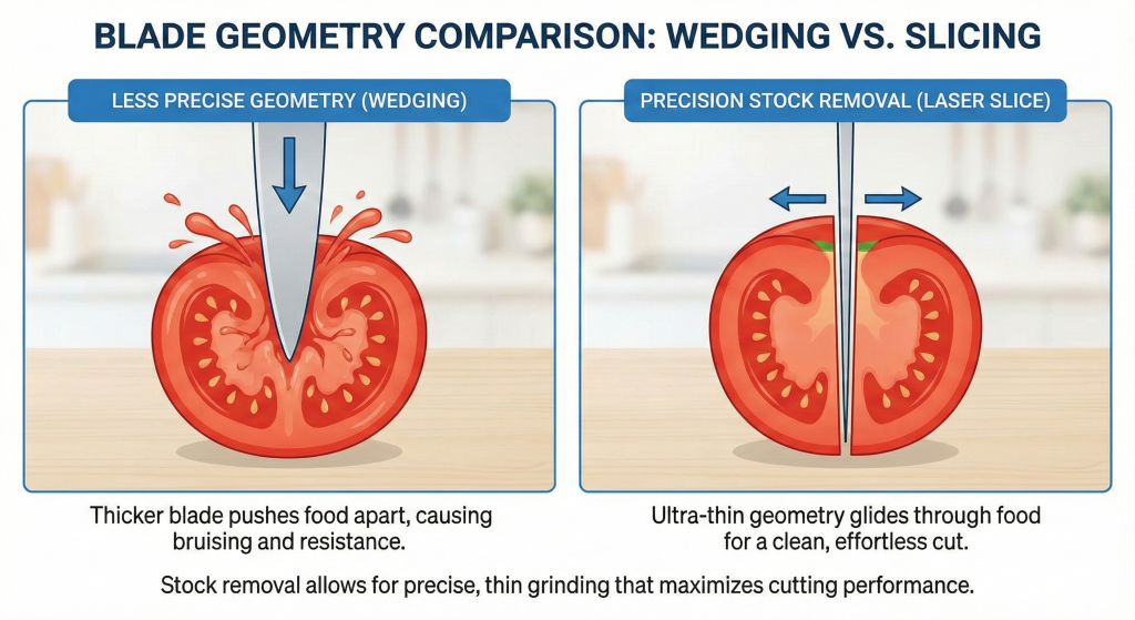 Comparison diagram of thick forged blade geometry vs thin stock removal geometry